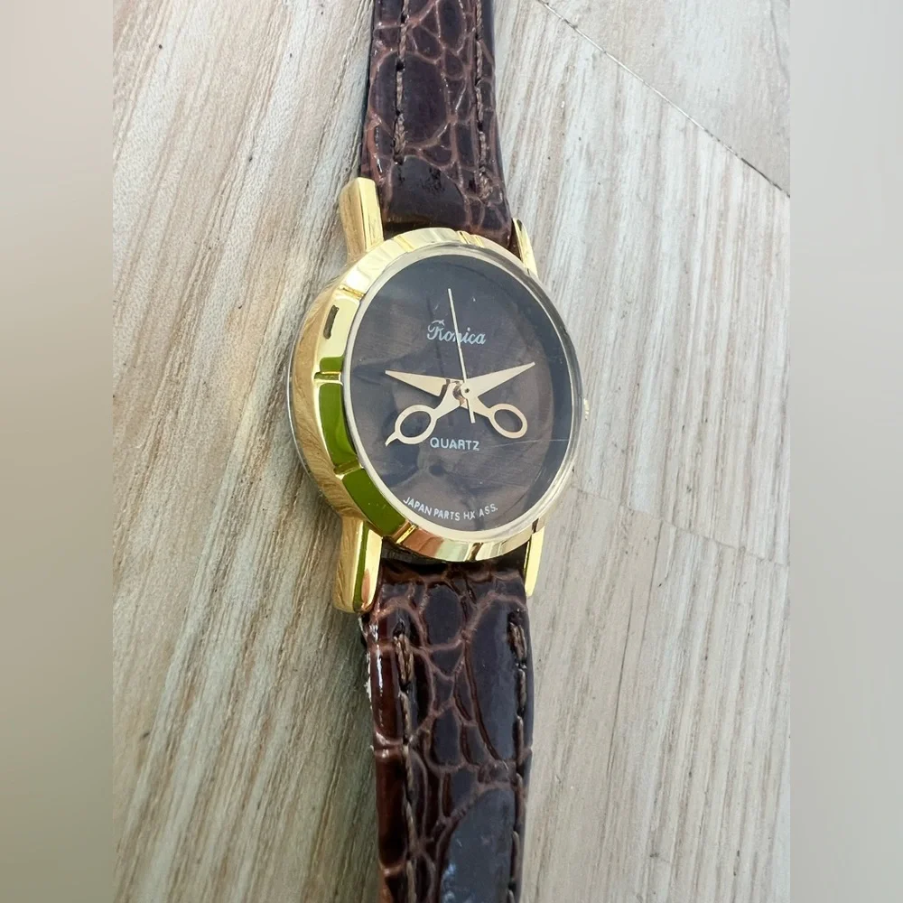 Vintage Ronica ladies gold tone brown scissor watch NEW BATTERY